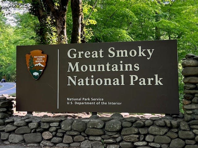 An entrance sign greets visitors entering Great Smoky Mountain National Park, near Cherokee, North Carolina.