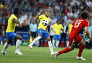 <p>Brazil’s Neymar, center, controls the ball during the group E match between Serbia and Brazil, at the 2018 soccer World Cup in the Spartak Stadium in Moscow, Russia, Wednesday, June 27, 2018. (AP Photo/Victor R. Caivano) </p>