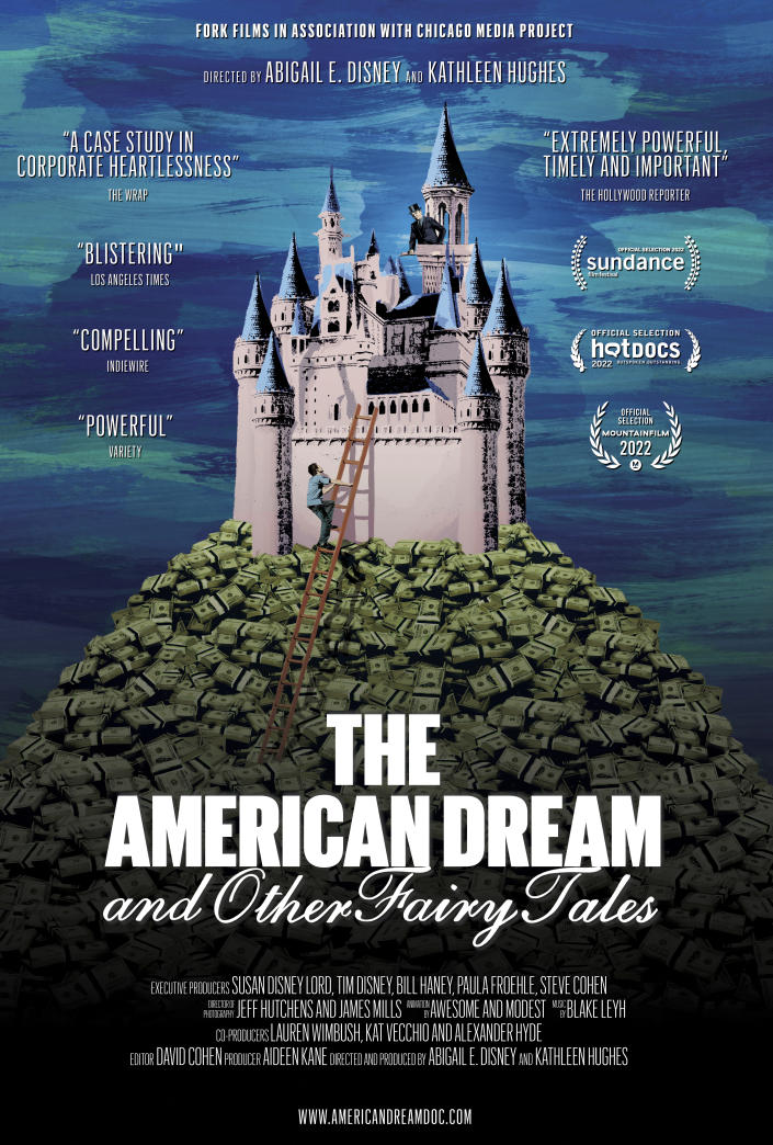This image released by Fork Films shows promotional art for "The American Dream and Other Fairy Tales," a documentary by Abigail Disney. (Fork Films via AP)