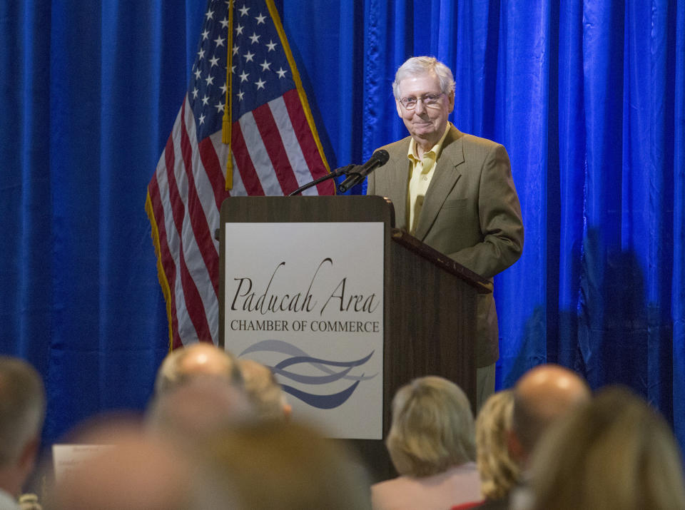 U.S. Senate Majority Leader Mitch McConnell, R-Ky., speaks at the Paducah Chamber luncheon at Walker Hall, Tuesday, May 28, 2019, in Paducah, Ky. (Ellen O'Nan/The Paducah Sun via AP)