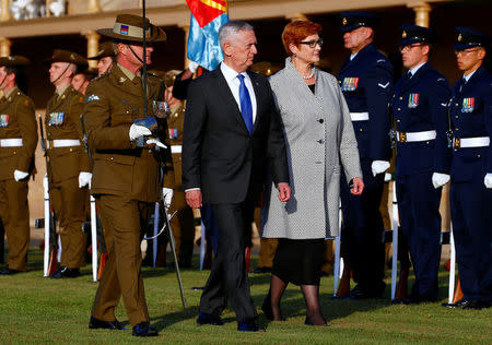 U.S. Secretary of Defence Jim Mattis walks with Australia's Minister for Defence Marise Payne during an inspection of an honour guard as part of the 2017 Australia-United States Ministerial Consultations (AUSMIN) meetings at the Australian Army's Victoria Barracks in Sydney, Australia, June 5, 2017. REUTERS/David Gray