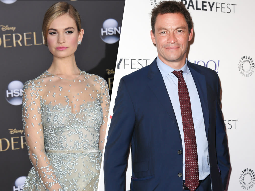 Haben Lily James und Dominic West wirklich eine Affäre? (Bild: Featureflash Photo Agency/shutterstock.com; Debby Wong/shutterstock.com [M])