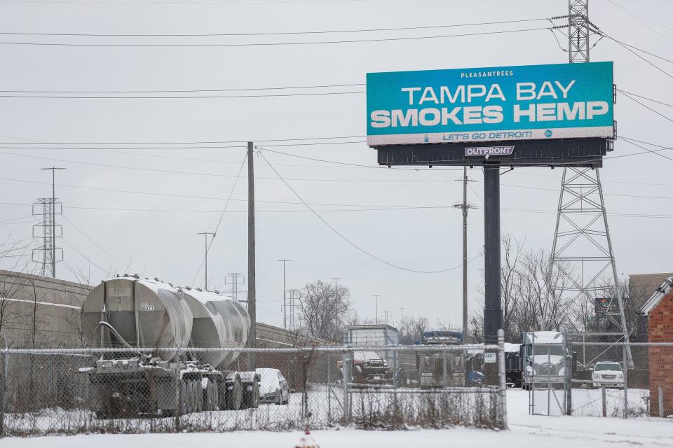 A Pleasantrees billboard saying "Tampa Bay Smokes Hemp. Let's Go Detroit!" by I-75 northbound in Allen Park on Thursday, Jan, 18, 2024.