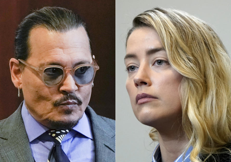 En esta combinación de fotos, los actores Johnny Depp y Amber Heard en el Tribunal de Circuito del Condado de Fairfax, el miércoles 4 de mayo de 2022 en Fairfax, Virginia. Depp demandó a Heard, su exesposa, por difamación, por un artículo de 2018 en el que ella se refirió a sí misma como "una figura pública que representa el abuso doméstico". (Elizabeth Frantz/Pool Photos vía AP)