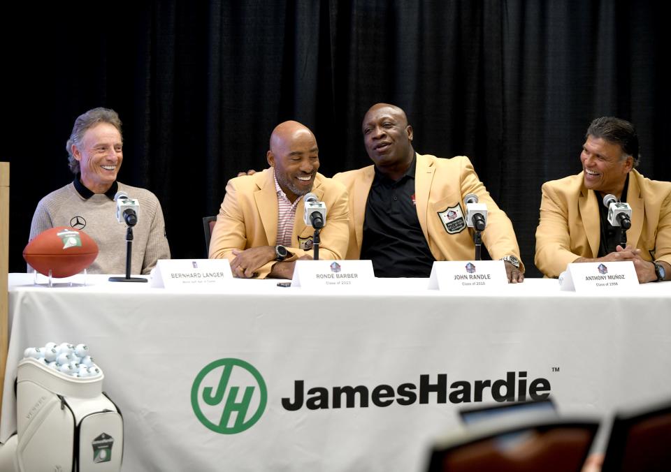World Golf Hall of Famer Bernhard Langer, and Pro Football Hall of Famers Ronde Barber, John Randle and Anthony Munoz answer questions Jan. 23, 2024 during the announcement of The James Hardie Pro Football Hall of Fame Invitational, which debuts in 2025 in Florida.