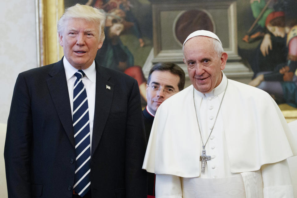 FILE - In this May 24, 2017, file photo President Donald Trump stands with Pope Francis during a meeting at the Vatican. President Joe Biden is scheduled to meet with Pope Francis on Friday, Oct. 29, 2021. Biden is only the second Catholic president in U.S. history. (AP Photo/Evan Vucci, Pool, File)