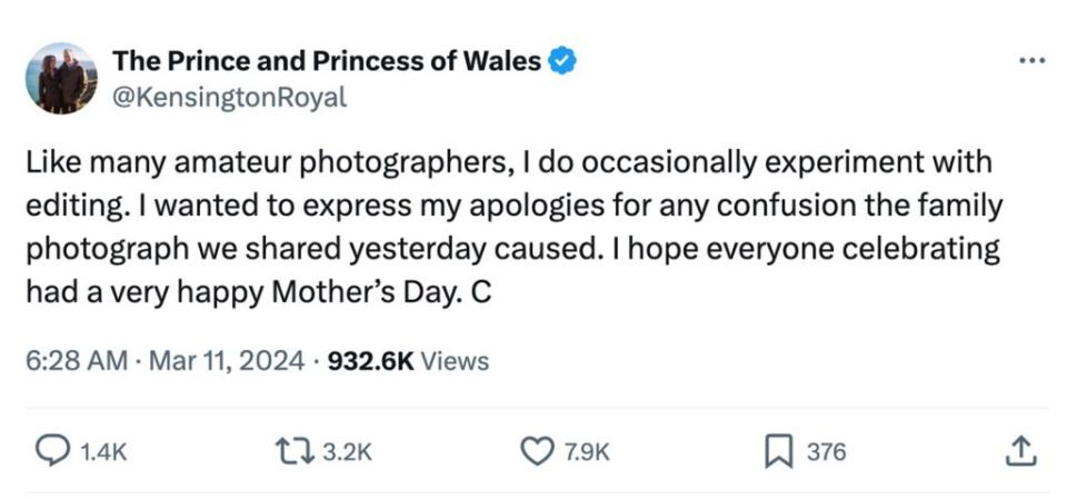 The princess on Monday issued an apology for the “confusion” caused by the photo, which she blamed on editing fails. KensingtonRoyal/Instagram