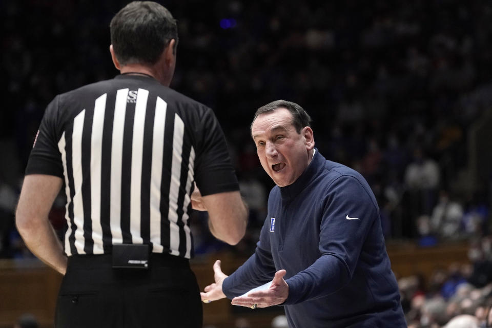 Duke head coach Mike Krzyzewski argues with an official during the first half of an NCAA college basketball game against North Carolina State in Durham, N.C., Saturday, Jan. 15, 2022. (AP Photo/Gerry Broome)