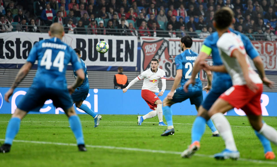 RB Leipzig's Marcel Sabitzer (center) watches his shot slice into the net against Zenit Saint Petersburg in the Champions League on Wednesday. (Reuters)