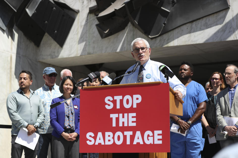 Democratic Sen. Jeff Golden speaks during a news conference and rally against the Republican Senate walkout at the Oregon State Capitol in Salem, Ore., Tuesday, June 6, 2023. (AP Photo/Amanda Loman)