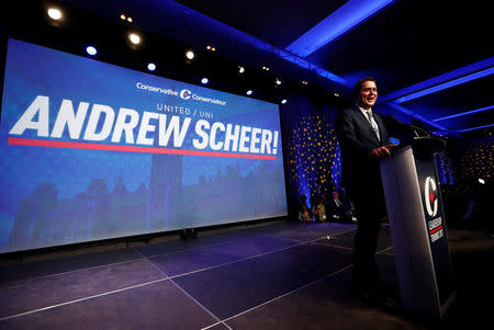 Andrew Scheer speaks after winning the leadership at the Conservative Party of Canada leadership convention in Toronto, Ontario, Canada, May 27, 2017. REUTERS/Mark Blinch