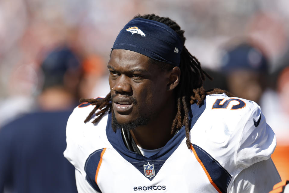 Denver Broncos linebacker Randy Gregory (5) looks on during the second half of an NFL football game against the Chicago Bears, Sunday, Oct. 1, 2023, in Chicago. (AP Photo/Kamil Krzaczynski)