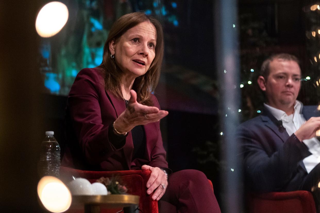 General Motors CEO Mary Barra speaks to a crowd of journalists during a fireside chat with APA president Mike Wayland at the Gem Theatre in Detroit on Monday, December 4, 2023.