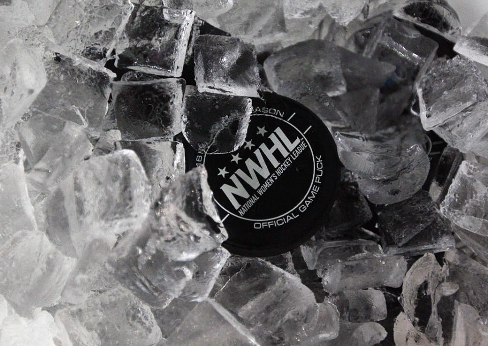 BROOKLYN, NY – OCTOBER 25: An official NWHL puck sits in an ice bucket prior to the game between the New York Riveters and the Connecticut Whale of the National Womens Hockey League on October 25, 2015 in Brooklyn borough of New York City. (Photo by Bruce Bennett/Getty Images)