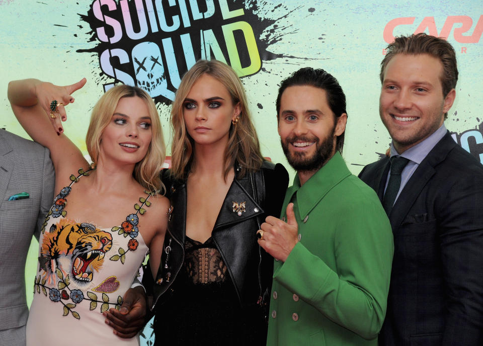 LONDON, ENGLAND - AUGUST 03:  Margot Robbie, Cara Delevingne, Jared Leto and Jai Courtney attend the European Premiere of &quot;Suicide Squad&quot; at Odeon Leicester Square on August 3, 2016 in London, England.  (Photo by Dave J Hogan/Getty Images)