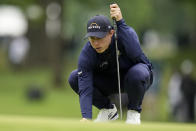 Matt Fitzpatrick, of England, lines up a putt on the sixth hole during the third round of the PGA Championship golf tournament at Southern Hills Country Club, Saturday, May 21, 2022, in Tulsa, Okla. (AP Photo/Eric Gay)