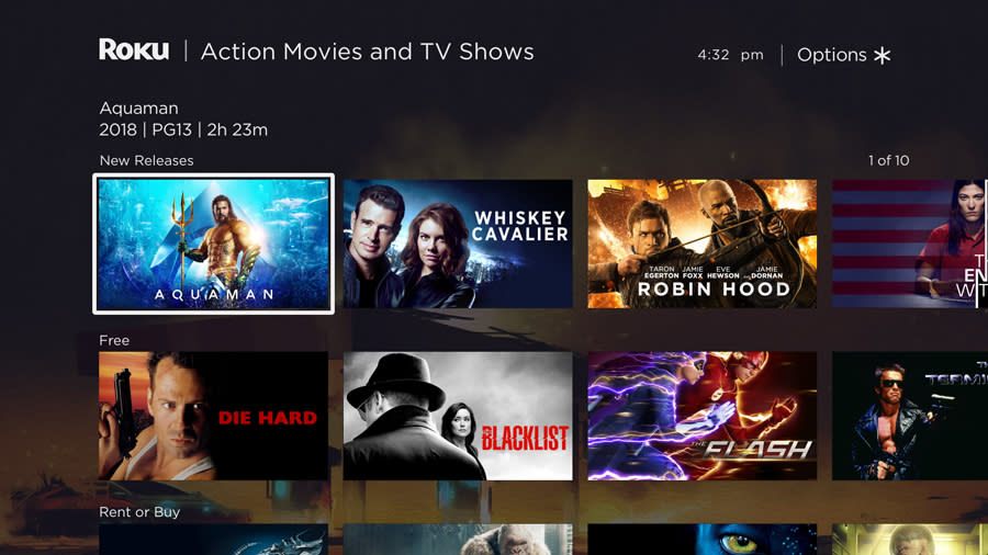 The Roku Channel showing a number of options in the action movie and TV shows category.