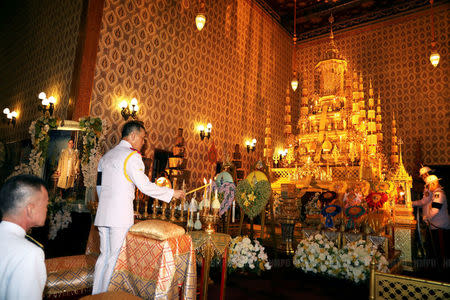 Thailand's Crown Prince Maha Vajiralongkorn takes part in a ceremony honouring Thailand's late King Bhumibol Adulyadej at the Grand Palace in Bangkok, Thailand, October 21, 2016. Thailand Royal Household Bureau/Handout via REUTERS