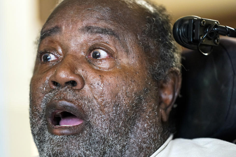 Carl Gates, grandfather of American soldier Travis King, cries as he talks about his grandson, Wednesday, July 19, 2023, in Kenosha, Wis. Pvt. King bolted into North Korea while on a tour of the Demilitarized Zone on Tuesday, July 18, a day after he was supposed to travel to a base in the U.S. (AP Photo/Morry Gash)