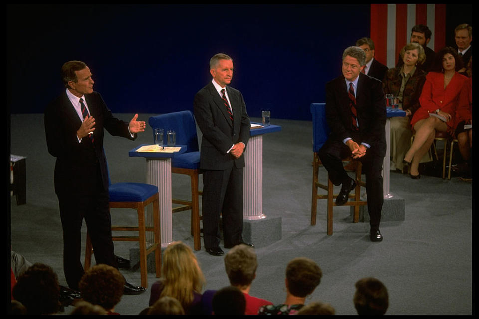 Pres. Bush, Independent cand. TX magnate Ross Perot & Dem. contender AR Gov. Bill Clinton during 2nd presidential debate. | Dirck Halstead—The LIFE Images Collection