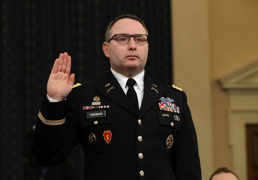  National Security Council Director for European Affairs Lt. Col. Alexander Vindman is sworn in to testify before the House Intelligence Committee in the Longworth House Office Building on Capitol Hill November 19, 2019 i (Getty Images)