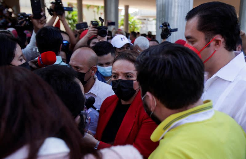 Honduran President-elect Xiomara Castro greets supporters outside the Honduran congress in Tegucigalpa