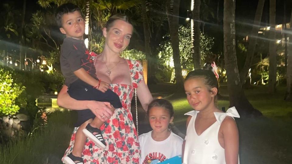 helen flanagan in floral dress in bai with kids 