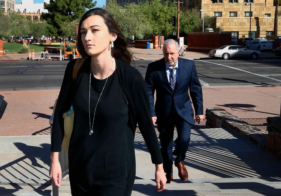 Laney Sweet, widow of Daniel Shaver, arrives Oct. 25, 2017, at Maricopa County Superior Court in Phoenix with attorney Mark Geragos for opening statements in the trial of former Mesa Officer Philip Brailsford, charged with murder in the fatal 2016 shooting of the unarmed Shaver.