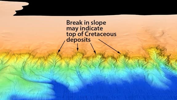 Researchers think these undersea cliffs may hold geological clues to the dinosaurs' demise. This close-up image of the Campeche Escarpment from the 2013 sonar survey shows the proposed contact between rocks of Cretaceous age (below) and younger