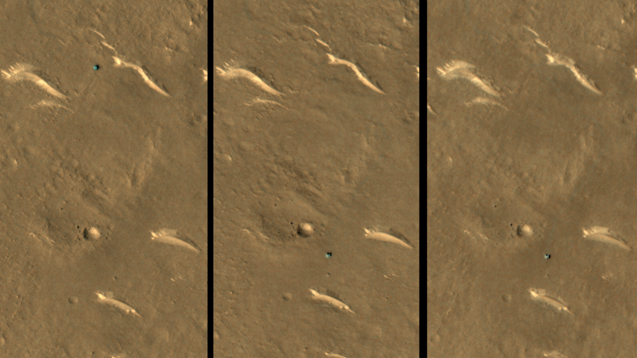 Three satellite images side by side, showing the surface of Mars, with four gouges like streaks, and one deep, round depression. The Zhurong Rover appears as a circular blue dot, first high up on the image, and, in the next two images, in roughly the same place.