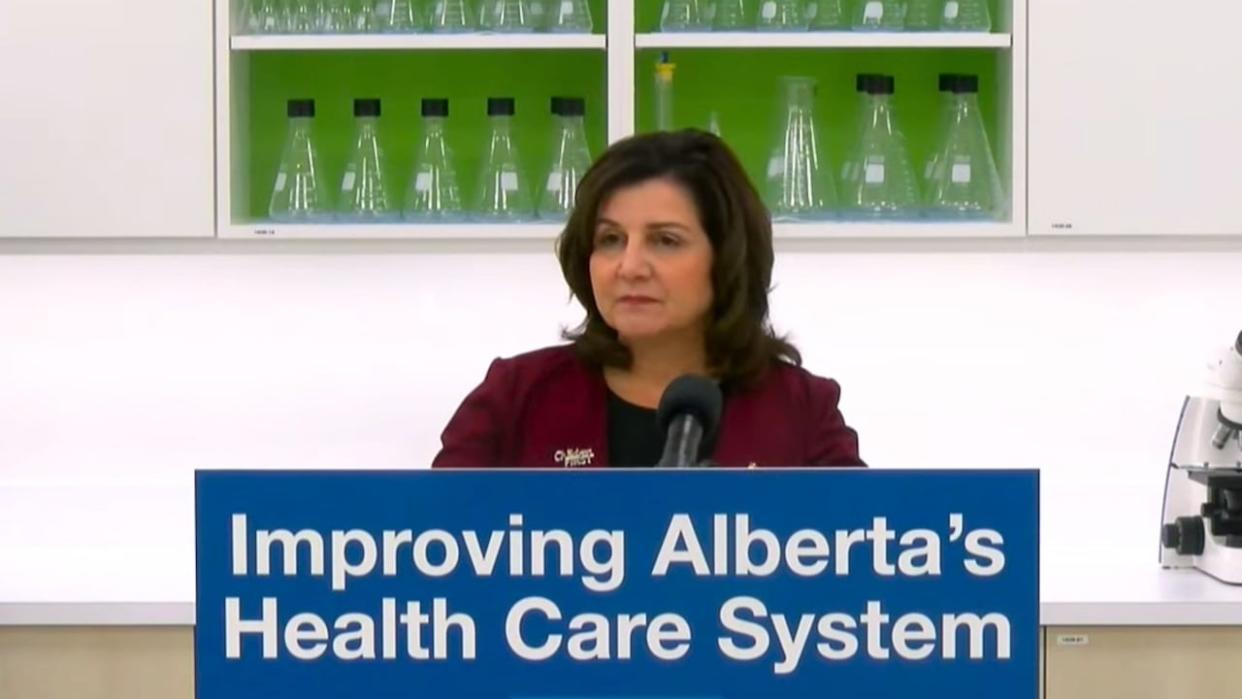 Health Minister Adriana LaGrange speaks during a press conference held Friday. The province says an agreement in principle had been reached with the ownership of Dynalife to transfer staff, equipment and property in all regions of the province to the government-owned Alberta Precision Labs. (Jason Franson/The Canadian Press - image credit)