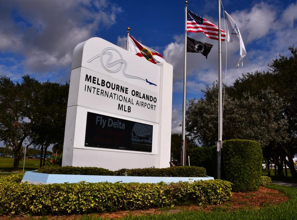 The Melbourne Orlando International Airport terminal entrance sign on NASA Boulevard.