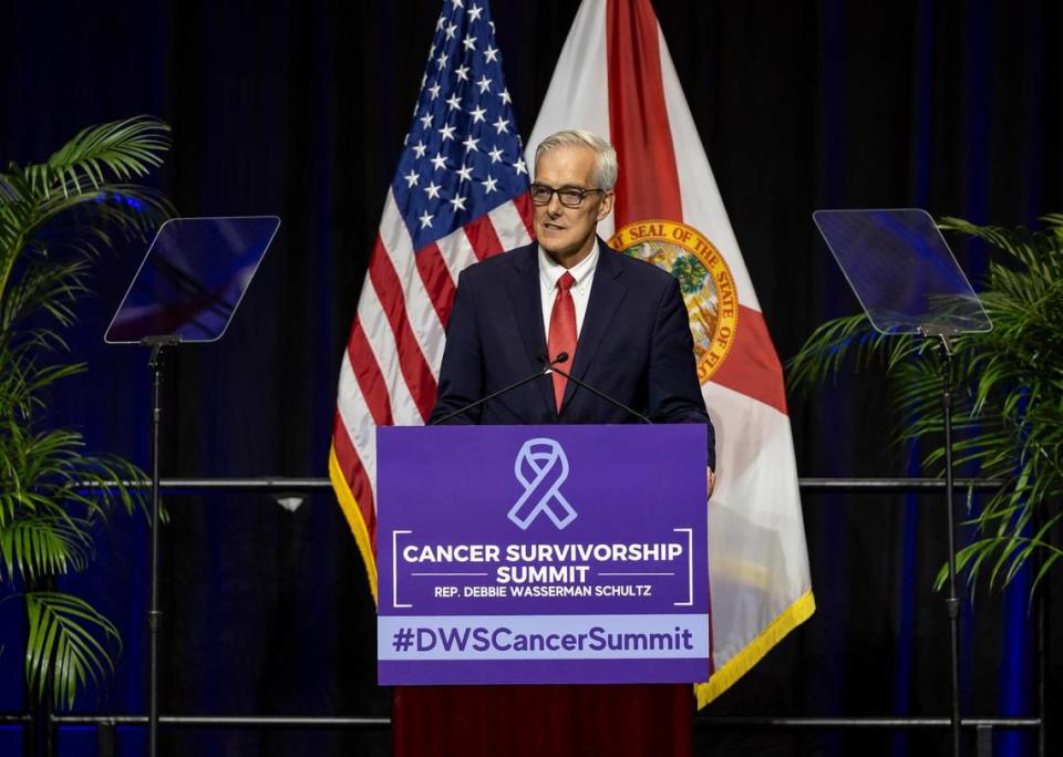Veterans Affairs Secretary Denis McDonough speaks during the Cancer Survivorship Summit at Nova Southeastern University on Monday, Oct. 16, 2023, in Davie, Fla.