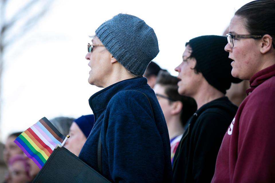 Members of The Quire perform during a Trans Day of Visibility event, Saturday, April 1, 2023, in Iowa City, Iowa.