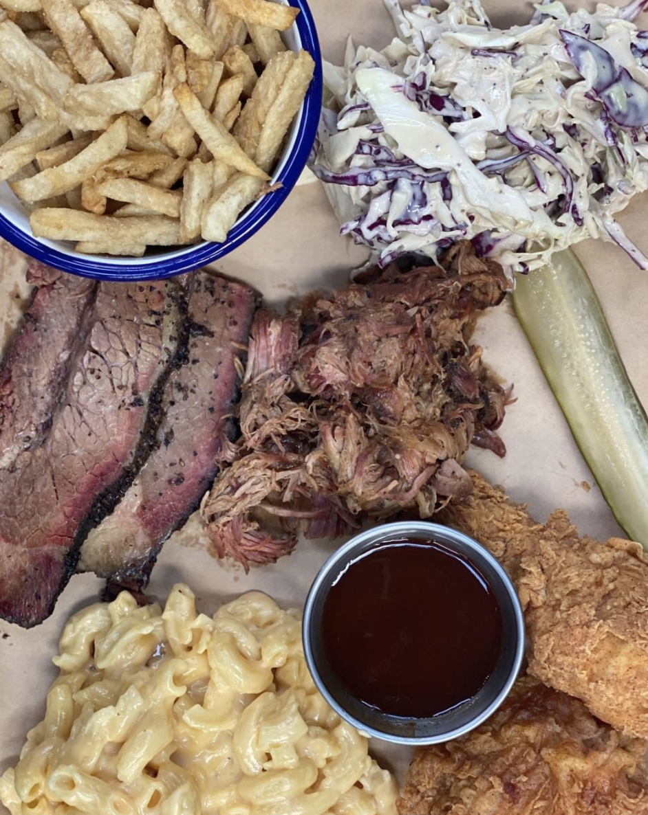 A meal of meat, chips, coleslaw and macaroni at Red Gum BBQ in Victoria.