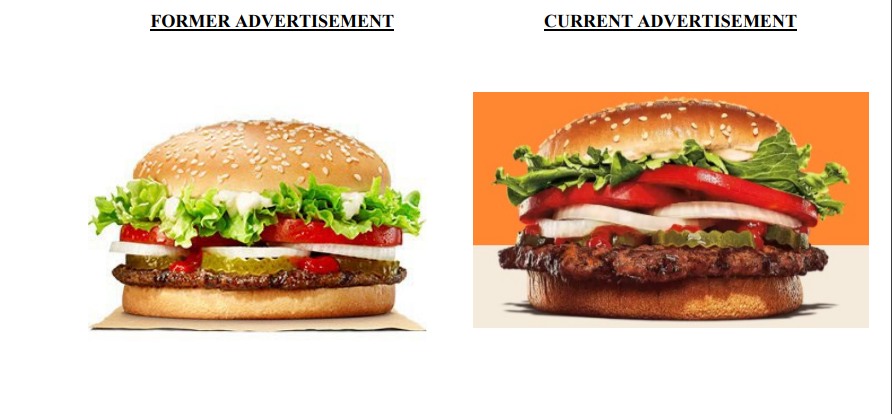 Comparison of Burger King Whopper advertisement before September 2017 and after. Photo used in May 2022 court filing from plaintiffs suing the chain for false advertisement, among other things.
