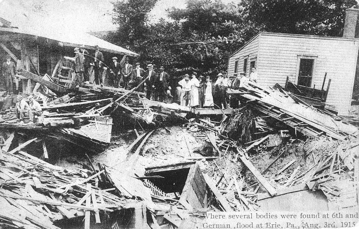 A caption on this photo regarding the Mill Creek flood reads, "Where several bodies were found at 6th and German, flood at Erie, Pa., Aug. 3, 1915."