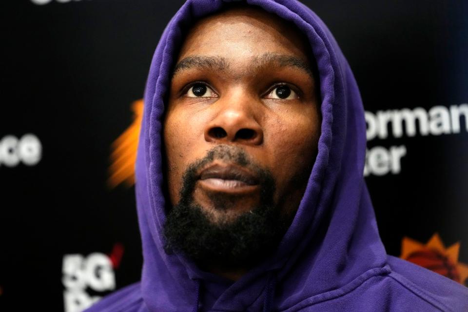 Suns forward Kevin Durant talks to the media as Phoenix prepares for their first-round playoff match-up against the L.A. Clippers at the Suns Training Facility in Phoenix on April 12, 2023.