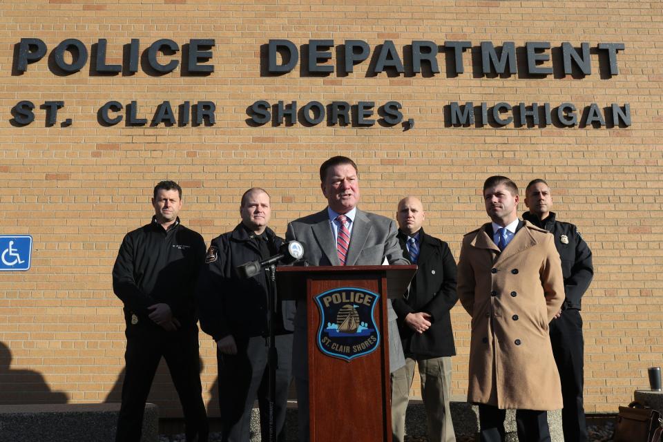 Macomb Co. Prosecutor Pete Lucido talks to reporters about the case against Johnna Rhone Monday, Dec.20, 2021, at 40th District Court in St.Clair Shores. Rhone is accused of making threats against her school.