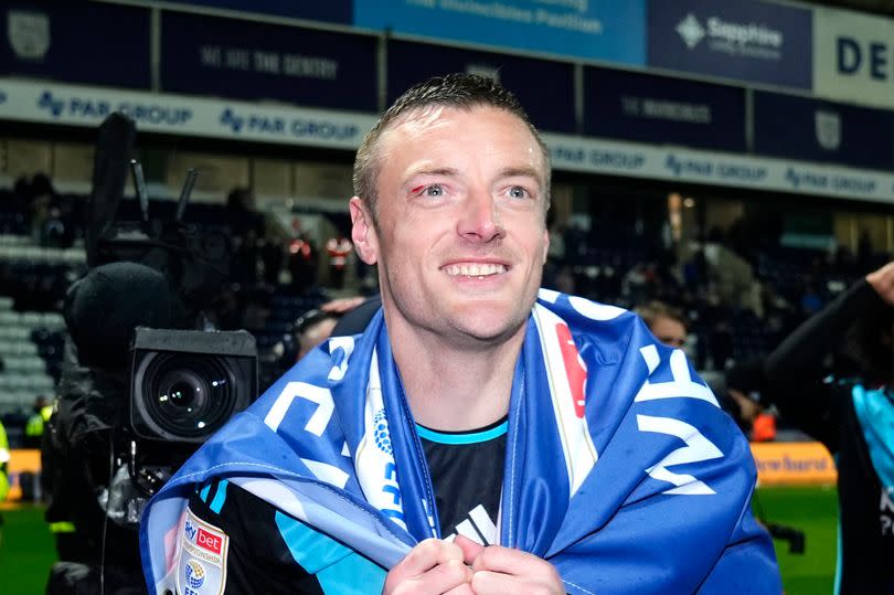 Leicester City's Jamie Vardy celebrates securing the Championship title