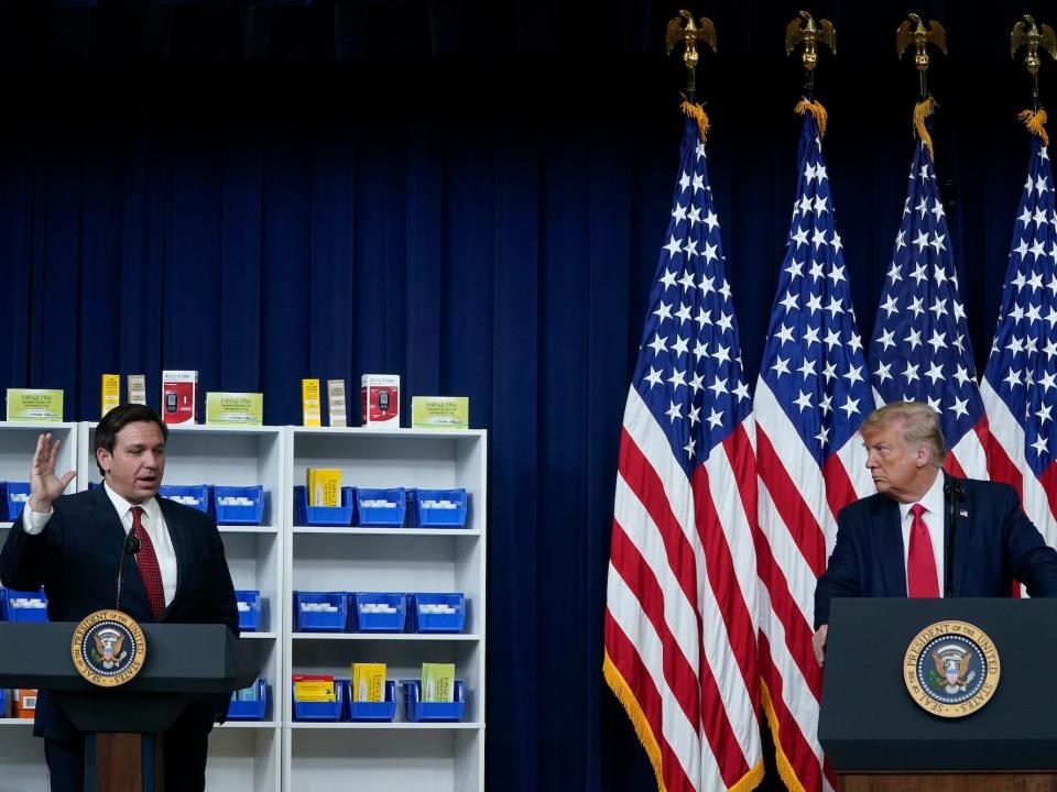 Florida Governor Ron DeSantis speaks before then-President Donald Trump signs executive orders on prescription drug prices in the South Court Auditorium at the White House on July 24, 2020 in Washington, DC. President Trump signed a series of four executive orders aimed at lowering prices that for prescription drugs in the United States.