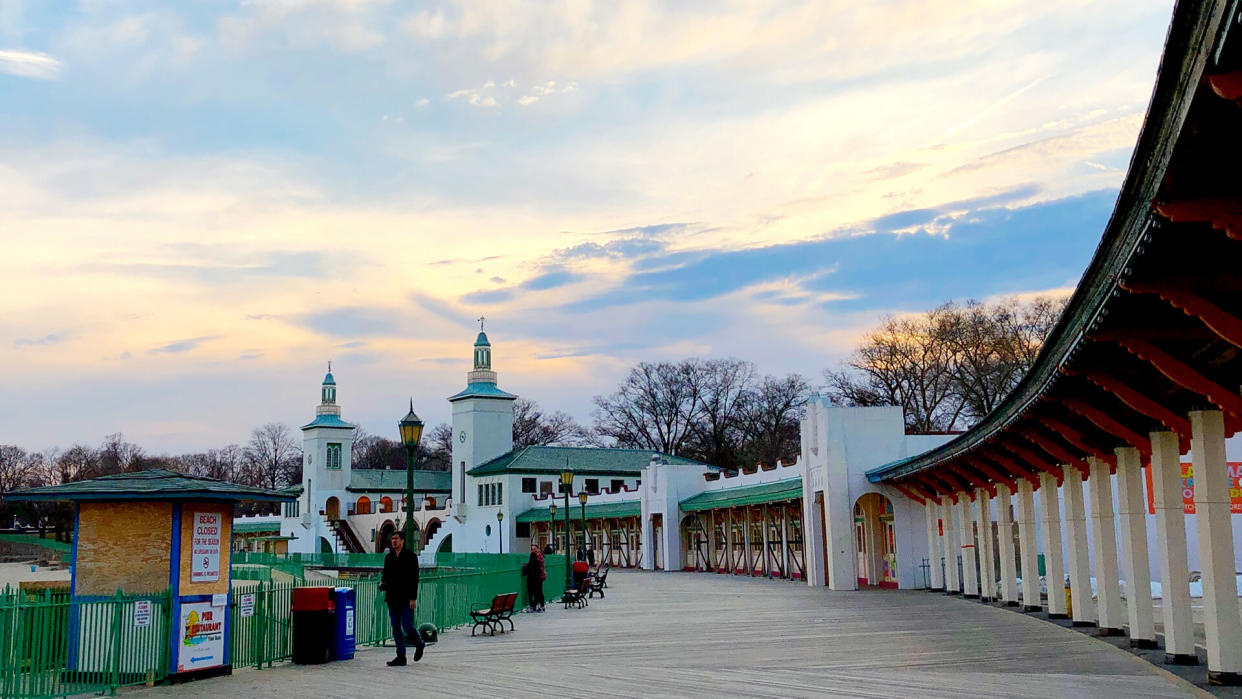 Rye, New York - March 14, 2019: People enjoying sunset at Rye Playland in Rye, New York - Image.