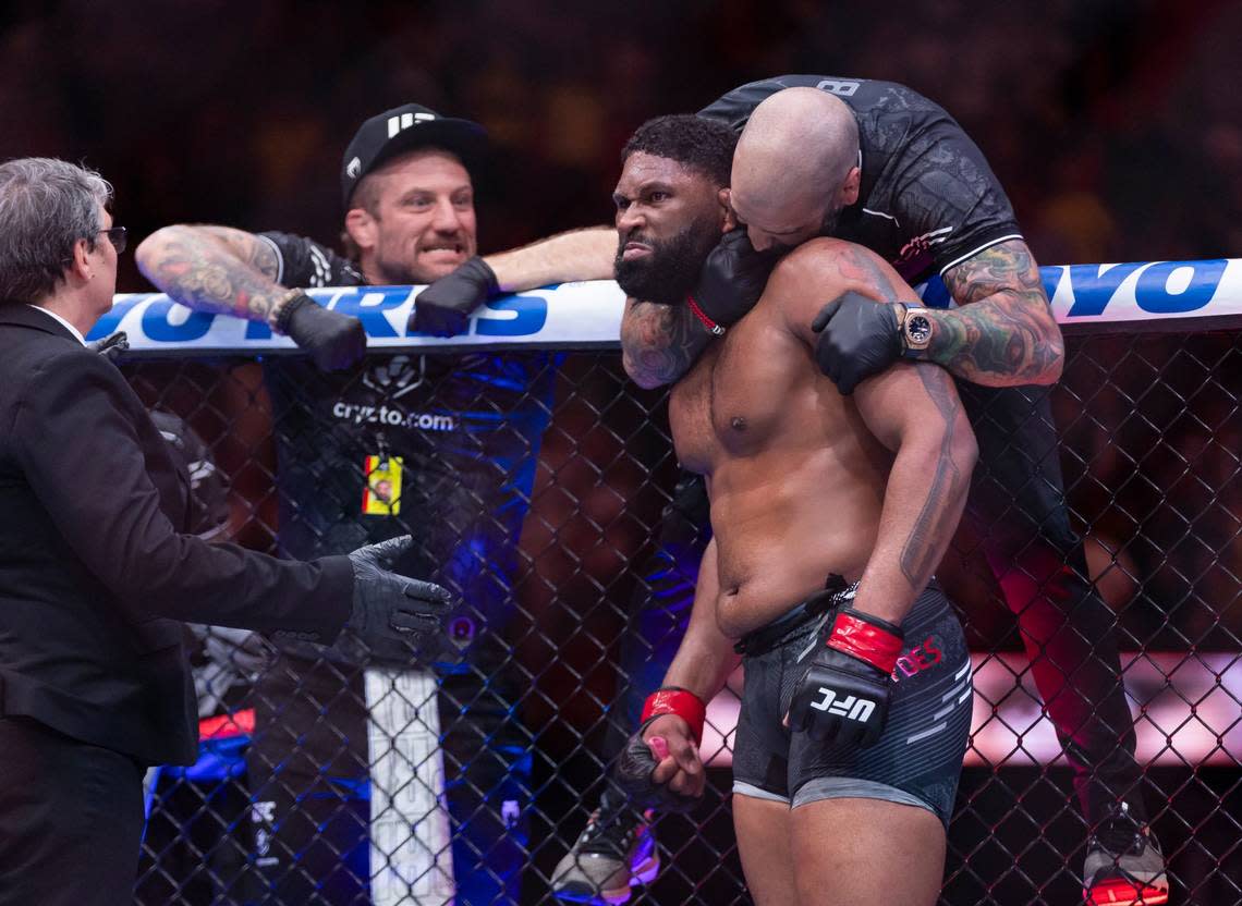 Curtis Blaydes of the United States celebrates after defeating Jailton Almeida of Brazil during their heavyweight title match during the UFC 299 event at the Kaseya Center on Saturday, March 9, 2024, in downtown Miami, Fla.