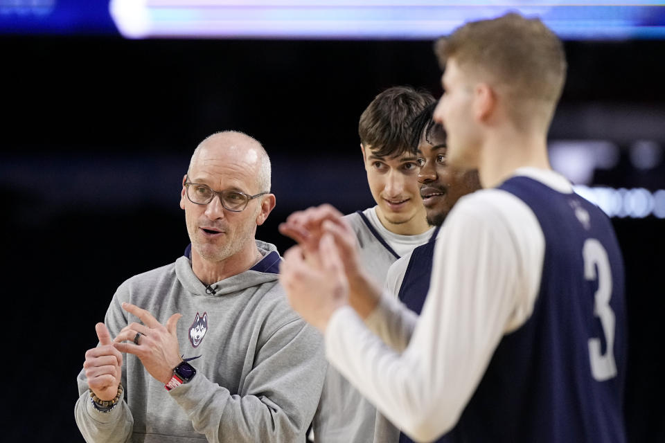 Connecticut head coach Dan Hurley watches practice for their Final Four college basketball game in the NCAA Tournament on Friday, March 31, 2023, in Houston. Connecticut and Miami play on Saturday. (AP Photo/Brynn Anderson)
