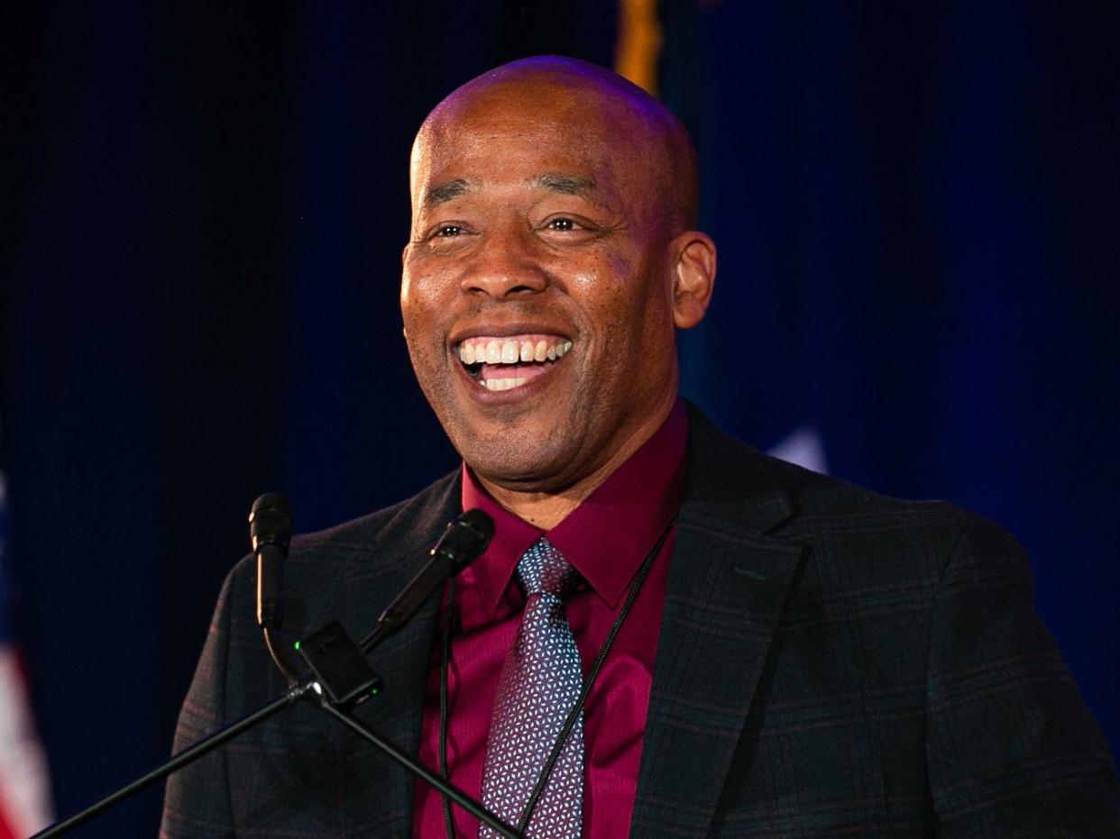 Eric Adams' brother, Bernard Adams, celebrates his brother's win as New York City Mayoral at the Brooklyn Marriott in Brooklyn, Nov. 2, 2021. 