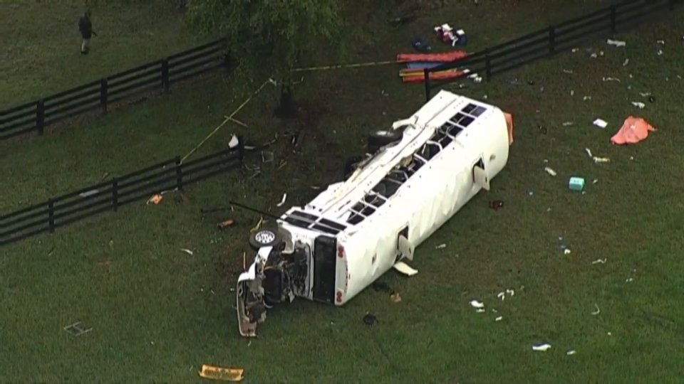 Aerial footage shows the aftermath of an accident involving a bus in Marion County, Florida, May 14, 2024. / Credit: WTVT-TV