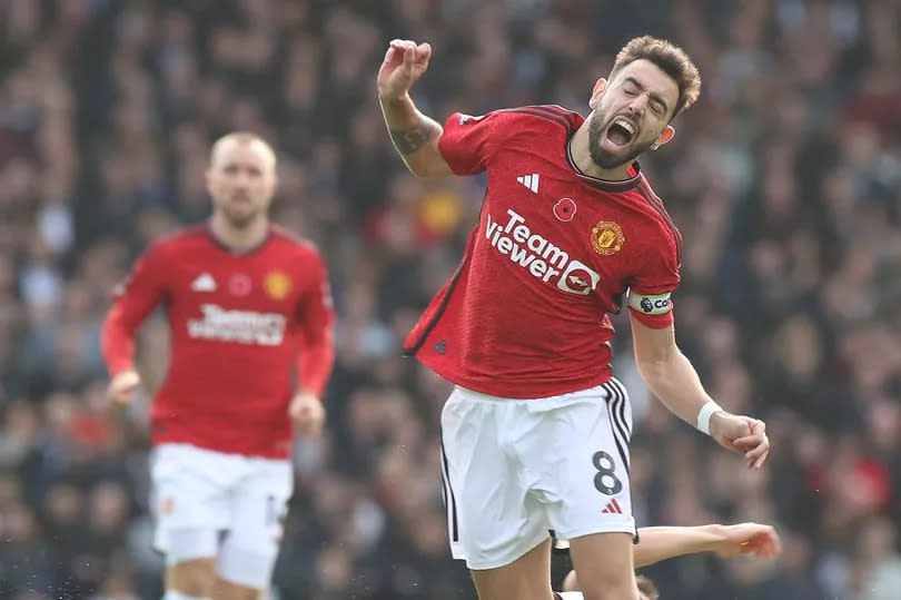 Bruno Fernandes goes down under a challenge from Joao Palhinha during Manchester United's victory over Fulham in November