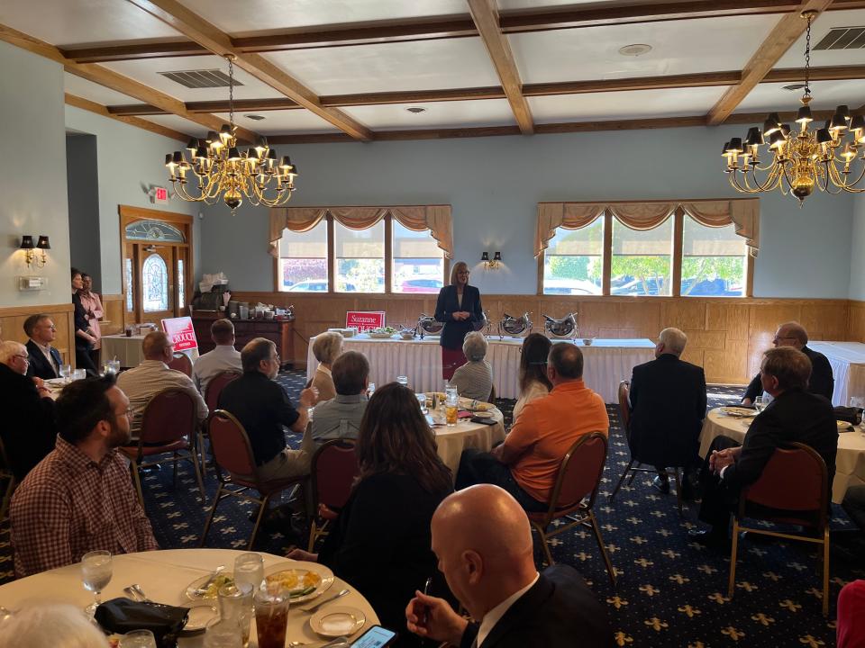 Indiana Lt. Gov. Suzanne Crouch speaks to community leaders at a luncheon at the Olde Richmond Inn on Monday, April 15.