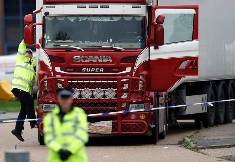 The scene where bodies were discovered in a lorry container, in Grays, Essex