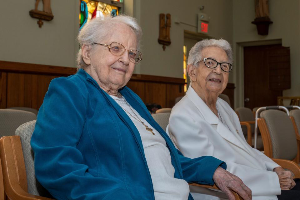 Sister Gerardine Mueller (left) and Sister Mary Amelia Cetera (right) are nuns at Sisters of Saint Dominic of Caldwell and friends for nearly 90 years. The friends, each over 100 years old, are shown in the chapel at St. Catherine Convent on the Sisters of Saint Dominic campus in Caldwell, NJ on Thursday, August 17, 2023.